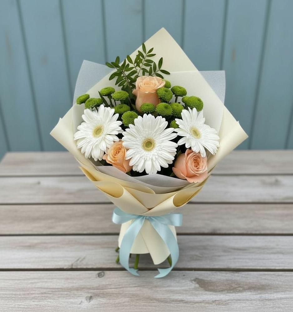 Букет цветов из: Герберы, Розы и Хризантемы в Сосновый