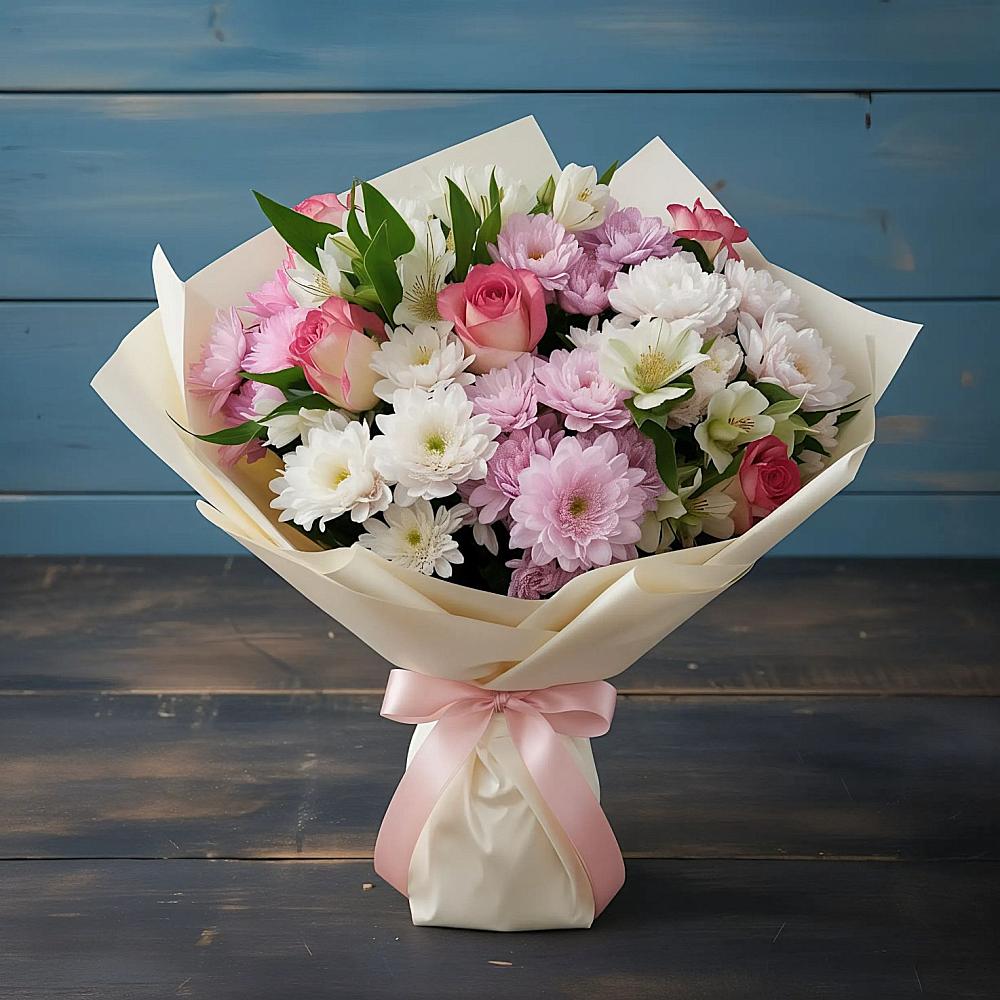 Букет цветов из: Хризантемы, Альстромерии и Розы в Сосновый